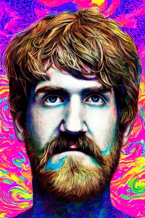 Image similar to inspirational style hope poster of bo burnham with beard, psychedelic colors, highly detailed, realistic, loving, by vitto ngai