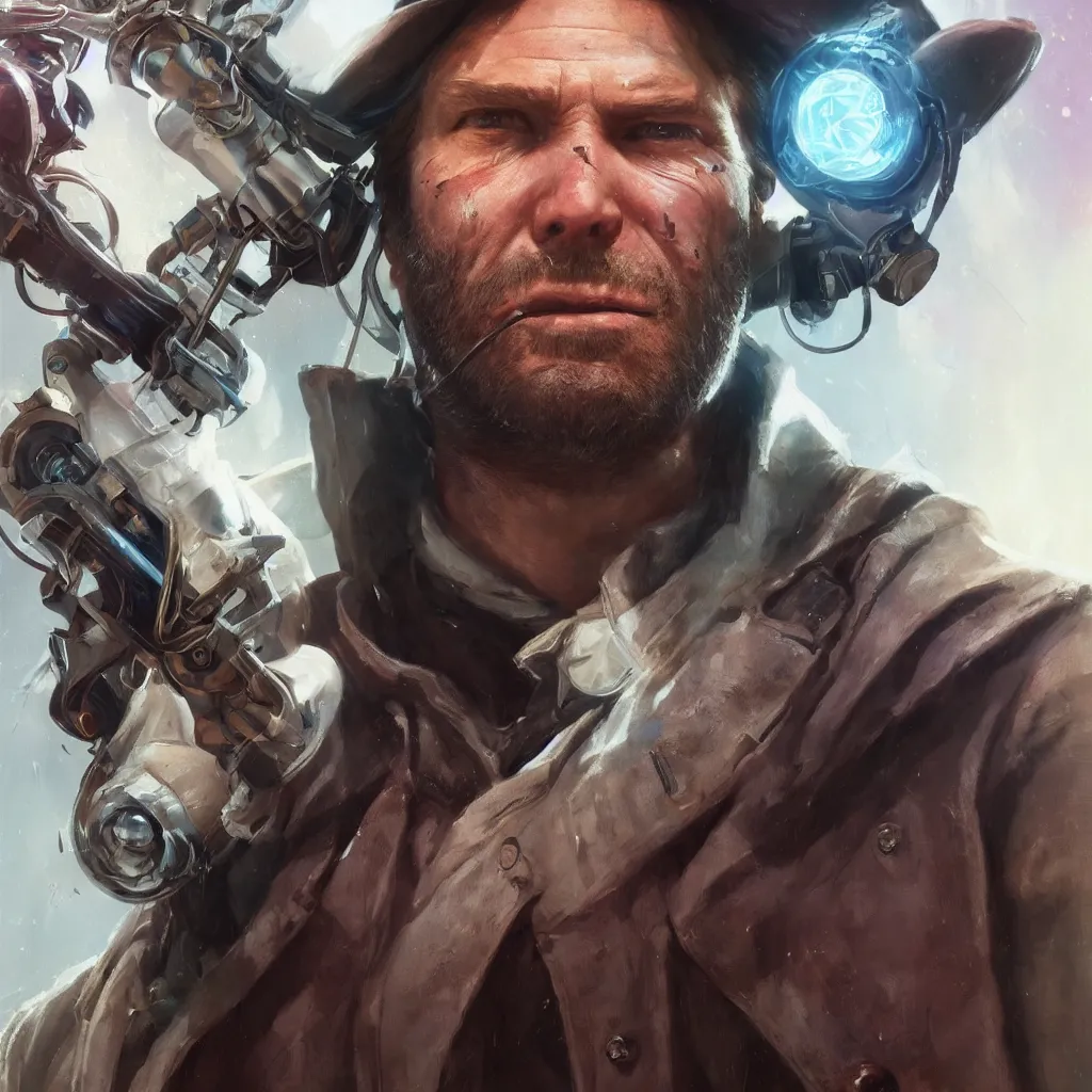 Image similar to a single close-up portrait of Arthur Morgan from Red Dead Redemption as a cyborg, hyper-realistic cyberpunk style, Peter Mohrbacher Takayuki Takeya moody, face by Yanjun Cheng, Irakli Nadar, dramatic cinematic lighting, trending on artstation, deviantart google images, pinterest