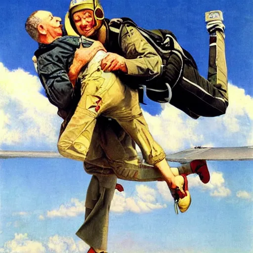 Image similar to benjamin netanyahu skydiving, plane and parachute in background, by norman rockwell, highly detailed, sharp faces