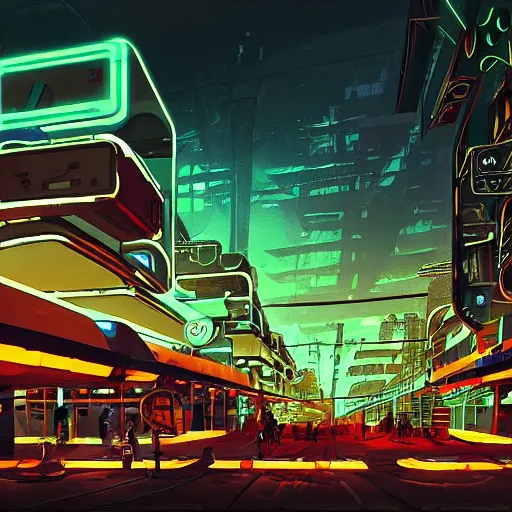 Prompt: a futuristic post - apocalyptic subway city of latinamerican type with neon lights artstation, illustration