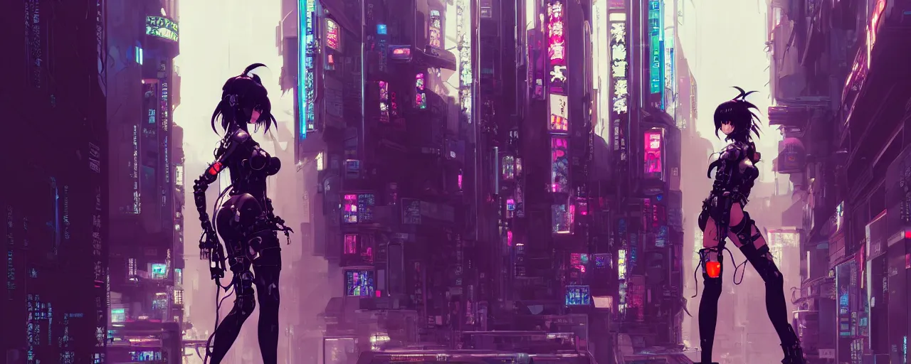 Image similar to hyper - realistic cyberpunk portrait of beautiful! anime woman standing on tokyo street, extreme detail, alluring, in style of yoji shinkawa, pan ren wei, col price, atey ghailan, by greg rutkowski, by greg tocchini, by james gilleard, by joe fenton, by kaethe butcher, grunge aesthetic