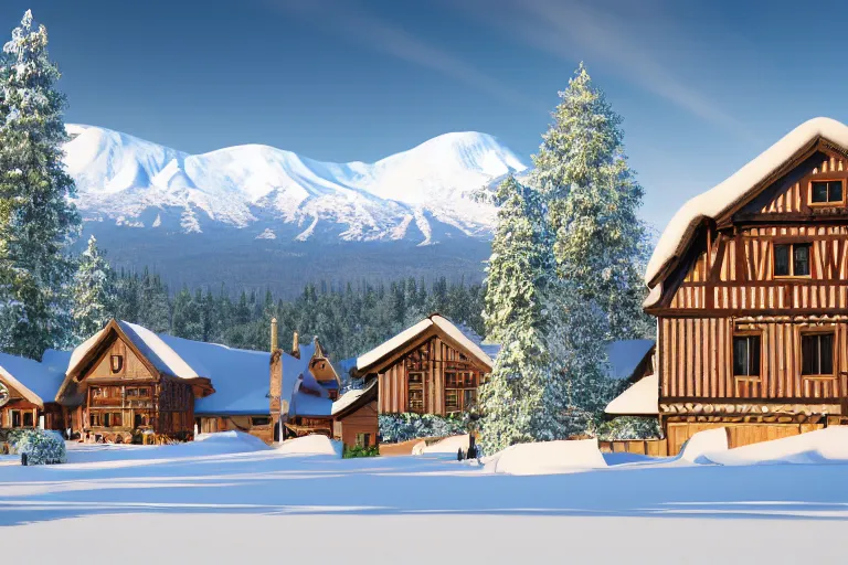 Image similar to modern half-timbered houses with in the forest with Elbrus mountain covered by snow on the background, architecture, 3d render 8k , high details