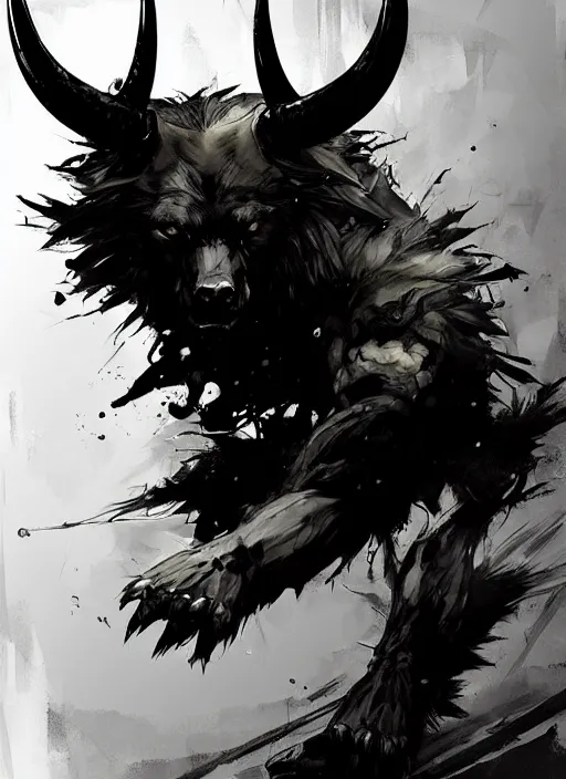 Image similar to A horned bear spirit with sharp claws. In style of Yoji Shinkawa and Hyung-tae Kim, trending on ArtStation, dark fantasy, great composition, concept art, highly detailed.