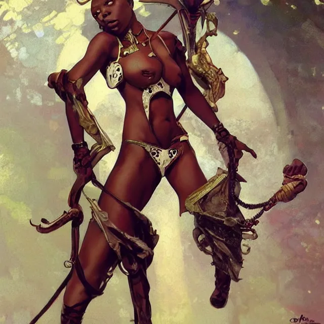 Image similar to african domme mistress, dominatrix full body, dominatrix, tribal, smooth white tight clothes suit, ornate, very beautiful, concept art, realistic painting, androgynous, afrofuturism, cgsociety, digital art by greg rutkowski, by alphonse mucha