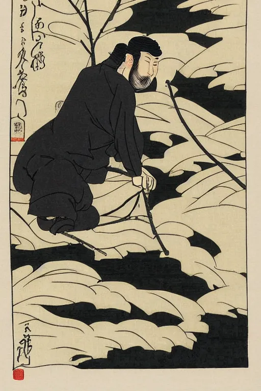 Prompt: Ukiyo-e art of squatting man in black Adidas tracksuit, birch trees