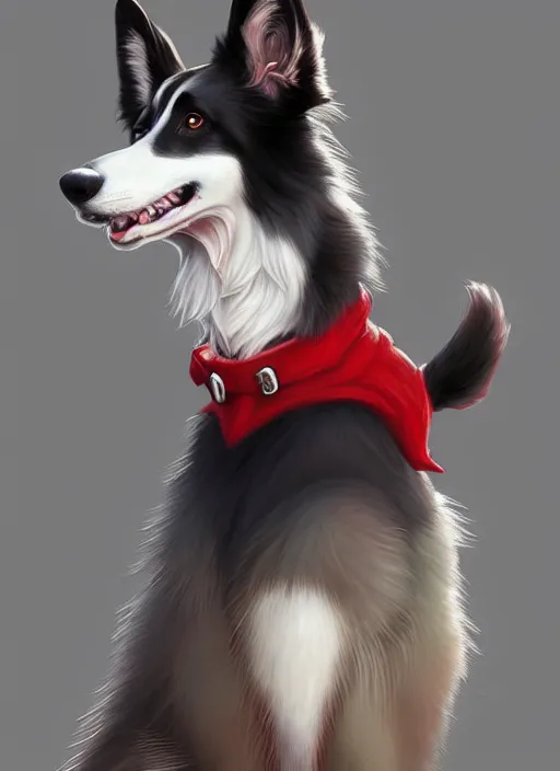 Image similar to full body digital painting of a cute male anthropomorphic border collie fursona wearing a red collar and standing outside, furaffinity, intricate, elegant, beautiful, realistic proportions, highly detailed, trending on artstation, art by charlie bowater and henry asencio and and ross tran