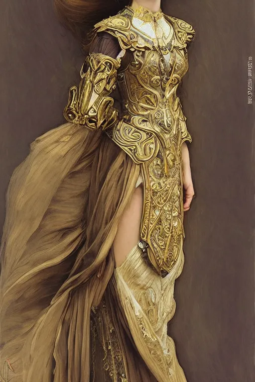 Image similar to a full body art nouveau portrait of a 16-year old girl who resembles Emma Watson, Saoirse Ronan and Anya Taylor Joy, ornate intricate golden battle armor, intricate, elegant, highly detailed, digital painting, artstation, concept art, smooth, sharp focus, illustration, art by John William Waterhouse and greg rutkowski and Donato Giancola and alphonse mucha