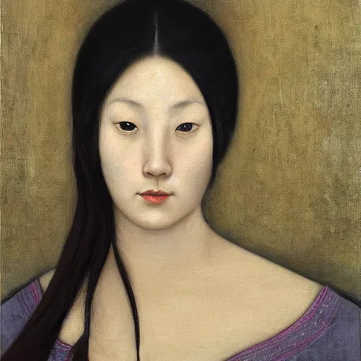 Prompt: a painting of a woman with long hair, a detailed painting by Zhang Xiaogang, featured on cgsociety, figurative art, detailed painting, pre-raphaelite, oil on canvas
