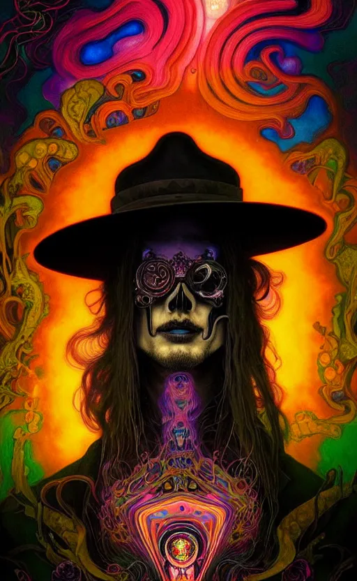 Image similar to An extremely psychedelic celestial undertaker in his black fedora hat, colorful, surreal, dramatic lighting, magic mushrooms, psilocybin, LSD, face, detailed, intricate, elegant, highly detailed, digital painting, artstation, concept art, smooth, sharp focus, illustration, art by Krenz Cushart and Artem Demura and alphonse mucha