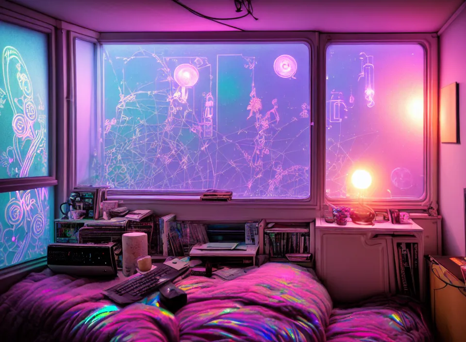 Image similar to telephoto 7 0 mm f / 2. 8 iso 2 0 0 photograph depicting the experience of dreamstate in a cosy cluttered french sci - fi ( art nouveau ) cyberpunk apartment in a pastel dreamstate art cinema style. ( iridescent terrarium, computer screens, window, leds, lamp, ( ( ( bed ) ) ) ), ambient light.