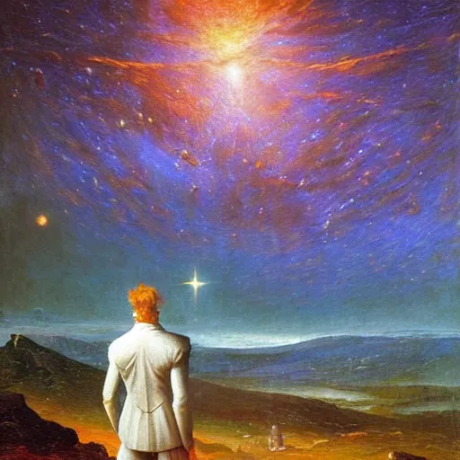 Image similar to an impasto oil painting of a futuristic wanderer gazing into a universe full of mystical colorful light nebulae and galaxie spainted by caspar david friedrich, pastel color scheme