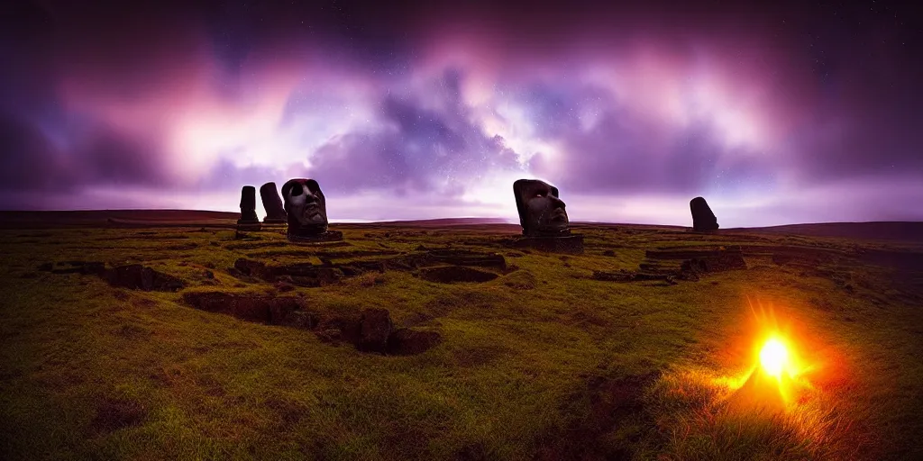 Prompt: amazing landscape photo of astronaut in easter island at dawn by Marc Adamus beautiful dramatic lighting