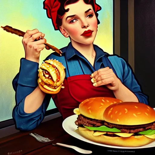 Prompt: oil painting of rosie the riveter eating big mac hamburgers, intricate, elegant, highly detailed, lighting, inspirational ethereal feminine painting, artstation, smooth, illustration, art by greg rutowski and alphonse mucha