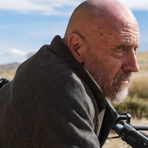 Image similar to Film Still of Mike Ehrmantraut aiming a sniper rifle in a new Breaking bad movie, 8k, highly detailed, centered