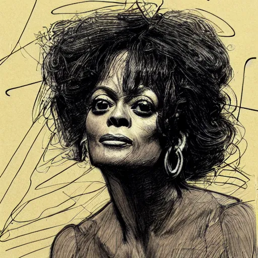 Image similar to a realistic yet scraggly portrait sketch of the side profile of a stern and sophisticated diana ross, trending on artstation, intricate details, in the style of frank auerbach, in the style of sergio aragones, in the style of martin ansin, in the style of david aja, in the style of mattias adolfsson