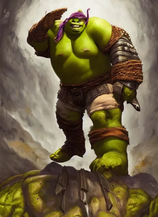 Image similar to dramatic oil painting of shrek as thrall from world of warcraft, artstation, shrek, epic, dramatic,