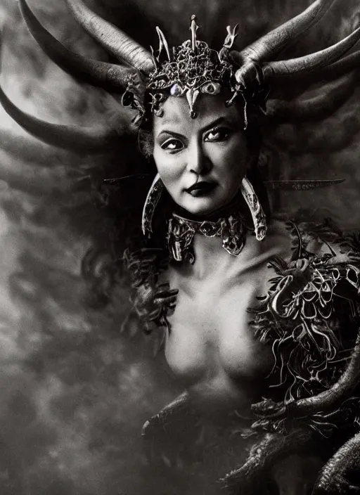 Prompt: hyper realistic and detailed closeup vintage photo of a demon empress coming from the shadows by annie leibovitz