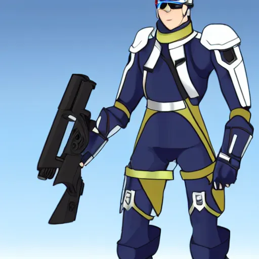 Image similar to a futuristic soldier captain with a metal visor and a blue shoulderpad in anime style