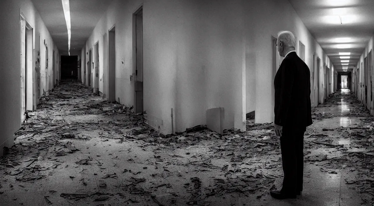 Image similar to unnerving dark 4 k photograph of joe biden standing alone in a long creepy hallway of an abandoned insane asylum, hospital, checkered floor, crime scene, horror