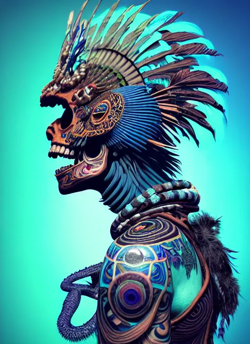 Image similar to 3 d shaman with tattoos profile portrait, sigma 5 0 0 mm f / 5. beautiful intricate highly detailed quetzalcoatl skull and feathers. bioluminescent, plasma, lava, ice, water, wind, creature, thunderstorm! artwork by tooth wu and wlop and beeple and greg rutkowski, 8 k trending on artstation,