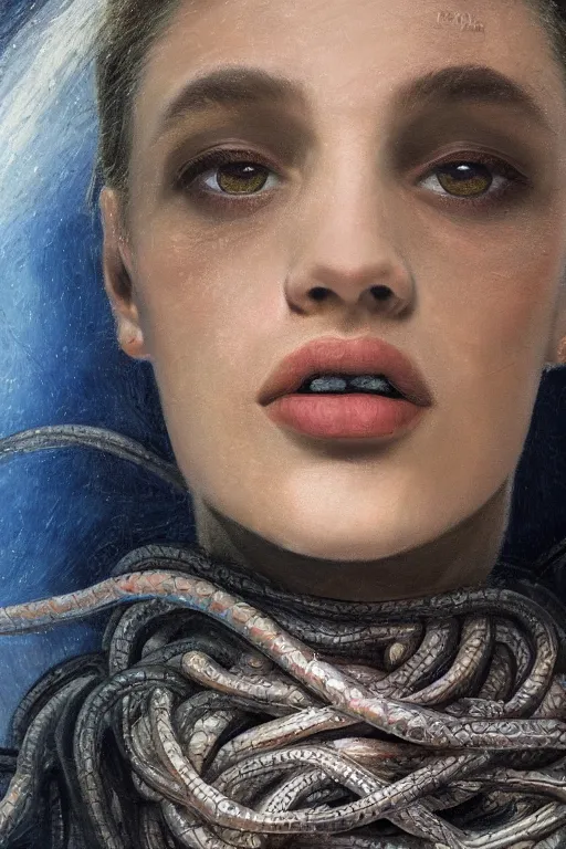 Image similar to hyperrealism oil painting, close - up portrait of face from a tangle of snakes fashion model, knight, steel gradient mixed with nebula sky, in style of baroque