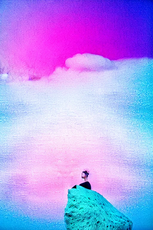 Image similar to high quality pastel coloured film close up wide angle photograph of a model wearing clothing swimming on cloud furniture in a icelandic black rock!! environment in a partially haze filled dreamstate world. three point light, rainbow. photographic production. art directed. pastel colours. volumetric clouds. pastel gradient overlay. waves glitch artefacts. extreme facial clarity. 8 k. filmic.