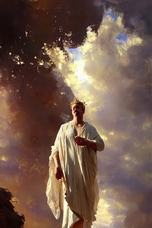 Image similar to beautiful impressionistic oil painting portrait of ancient roman god emperor steve buscemi ascending wearing the civic crown levitating in religious pose, art by anders zorn, wonderful masterpiece by greg rutkowski, expressive brush strokes, beautiful cinematic light, american romanticism by greg manchess, jessica rossier