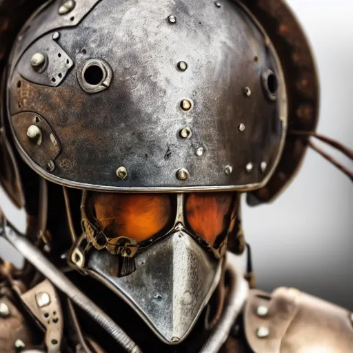 Image similar to steam punk knight wearing wearing armor, shallow depth of field, moody lighting, 8 k,