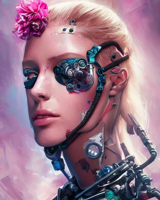 Prompt: photo realism hqportrait of beautiful cyborg lili reinhard in cyborg clothes detailed, romantisism, outrun, pastel flowers, painting, dramatic, detailed, by android jones, artstation
