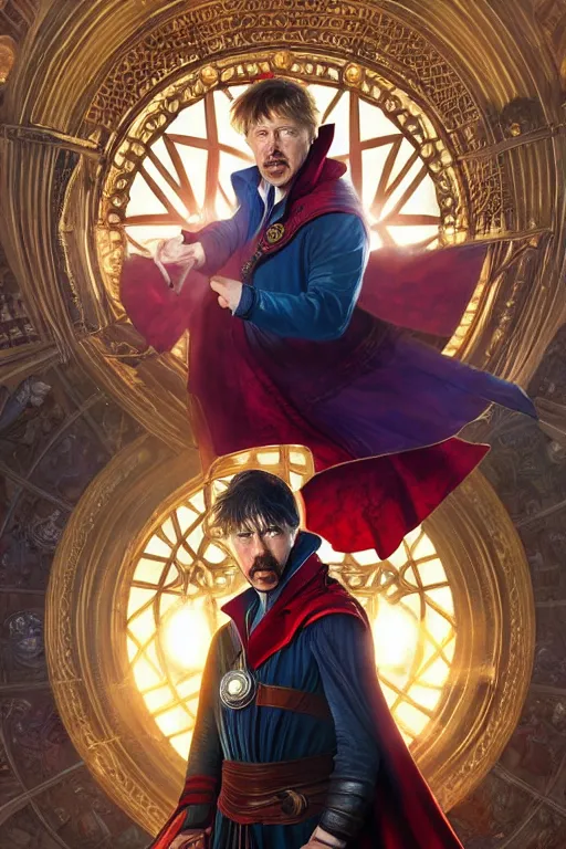 Image similar to Boris Johnson as Doctor Strange, portrait, Sanctum Sanctorum, highly detailed, digital painting, artstation, concept art, smooth, sharp focus, illustration, cinematic lighting, art by artgerm and greg rutkowski and alphonse mucha