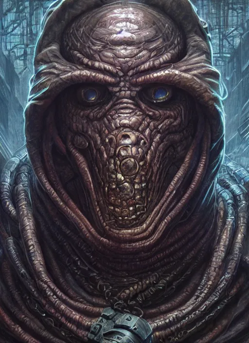 Image similar to cyberpunk hp lovecraft monster mf doom reptile eyes, dark metallic skin, highly detailed, centered, digital painting, artstation, concept art, smooth, sharp focus, illustration, artgerm, tomasz alen kopera, peter mohrbacher, donato giancola, joseph christian leyendecker, wlop, frank frazetta