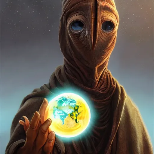 Image similar to masked nomad male wearing a cloak on an alien world and holding a holographic planet projection in his hand, detailed, sci - fi, digital painting, artstation, sharp focus, illustration, ominous, artgerm, tomasz alen kopera, peter mohrbacher, donato giancola, joseph christian leyendecker, wlop, frank frazetta