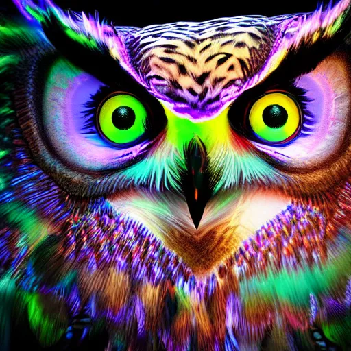 Image similar to Shambhala, neon tribal eurasian owl, pastel neon, photorealistic render 8k intricate, elegant, highly detailed, smooth, sharp focus, detailed face, high contrast, dramatic lighting, graphic novel, art by Ardian Syaf and Michael Choi