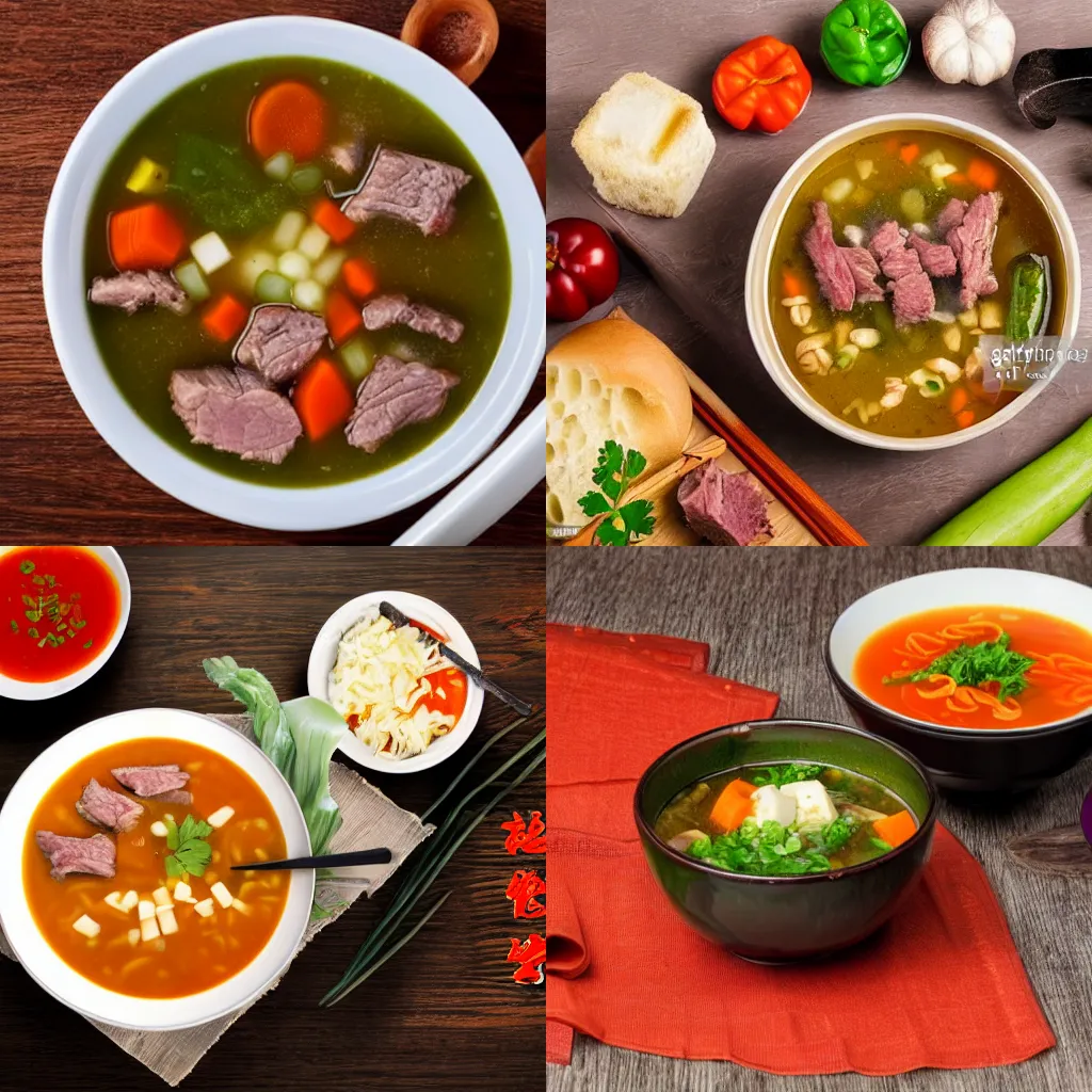 Prompt: a bowl of soup with meat and vegetables, a stock photo by guan daosheng, trending on shutterstock, shin hanga, playstation 5 screenshot, 8 k, stock photo