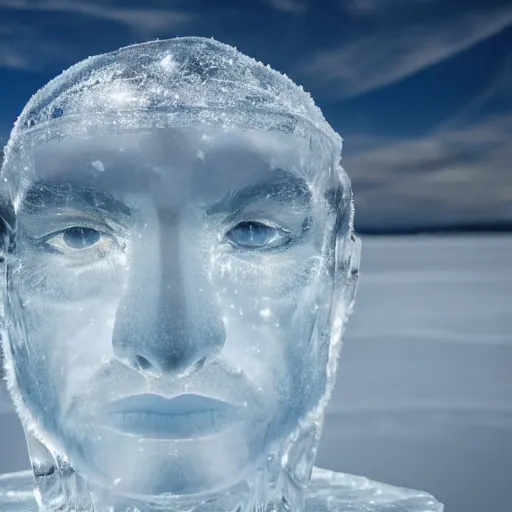 Prompt: see through clear sheet of ice sheet of ice in front of face face face behind ice face behind ice direct gaze