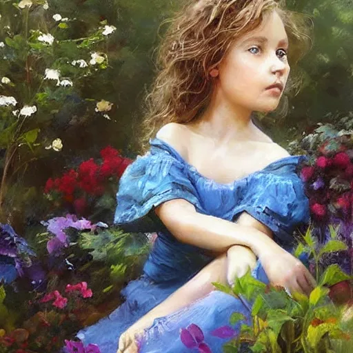 Prompt: a little girl with short curly light brown hair and blue eyes sitting in a lovely garden. beautiful painting by raymond swanland and magali villanueve, beautiful detailed face.