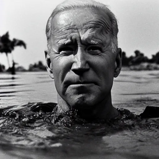 Image similar to film still, close up, joe biden rising out of muddy vietnam river, low camera angle at water level, from apocalypse now ( 1 9 7 9 ), 2 6 mm,