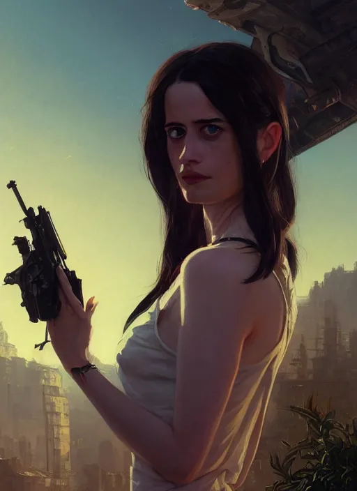 Image similar to highly detailed portrait of young eva green in gta v, stephen bliss, unreal engine, fantasy art by greg rutkowski, loish, rhads, ferdinand knab, makoto shinkai and lois van baarle, ilya kuvshinov, rossdraws, tom bagshaw, global illumination, radiant light, detailed and intricate environment