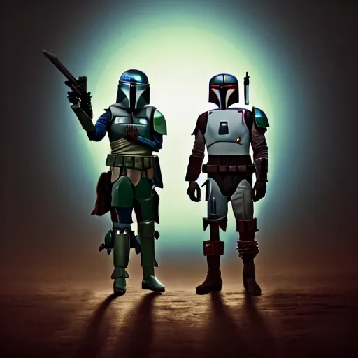 Image similar to boba fett and mandalorian standing proudly shoulder to shoulder ultra realistic, lens flare, atmosphere, glow, detailed, intricate, full of colour, cinematic lighting, trending on artstation, 4 k, hyperrealistic, focused, extreme details, unreal engine 5, cinematic, masterpiece, ultra realistic, hyper realistic, highly detailed, sharp focus, digital art