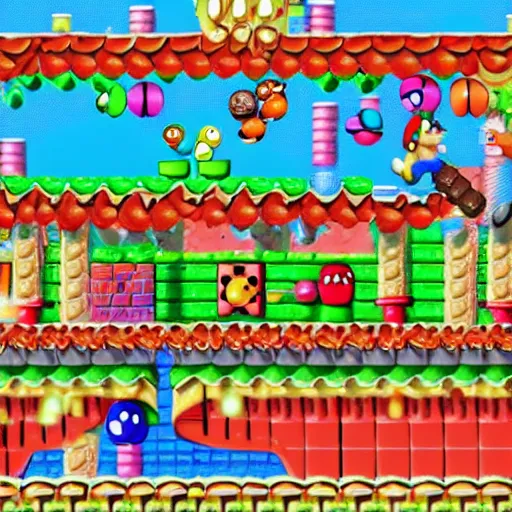 Prompt: Super Mario in a colorful mushroom land