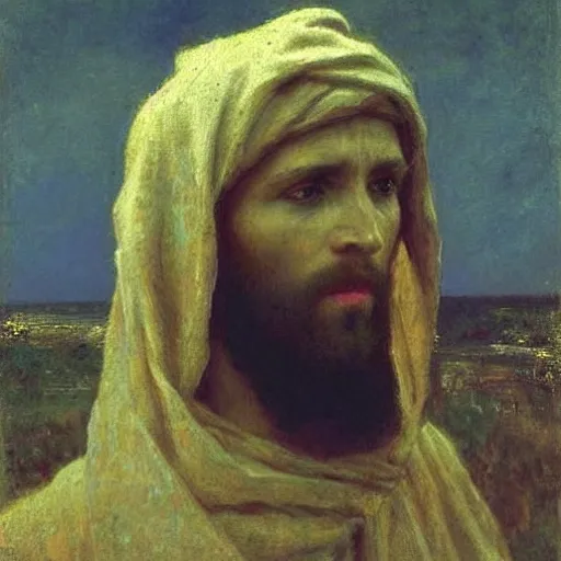 Image similar to portrait of jesus christ, russian painting, by Ilya Repin, realist, russian impressionism, melancholic, desaturated colors, moody, suffering, somber, rocky scenery in background