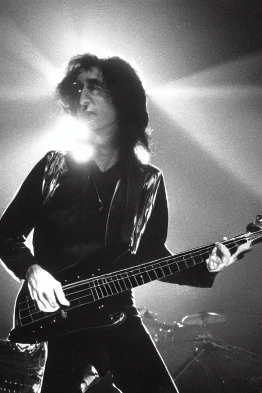 Prompt: award winning photo of Geddy Lee playing bass, 1989, on stage, dramatic lighting,