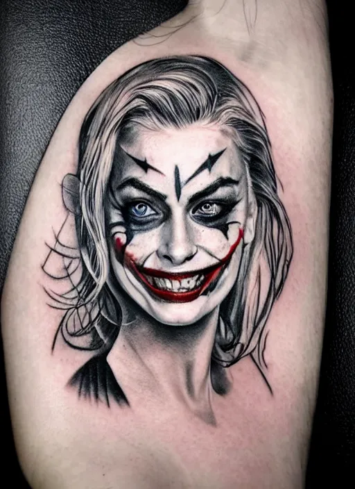 Image similar to tattoo design of margot robbie with joker makeup, ace card, in the style of tony santos, realistic face, black and white, realism tattoo, hyper realistic, highly detailed