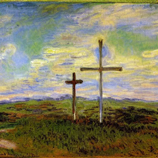 Image similar to painting of three empty 1st century crucifixion crosses on calvary hill, miraculous cloudy backdrop, by Monet, wallpaper, hd