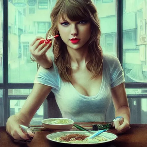 Image similar to taylor swift as a college student, eating ramen, bokeh, beautiful face!!!!, 2 7 years old, cg animation, lifelike, animated, realistic, character select portrait, by artgerm, greg rutkowski, alphonse mucha, anne liebovitz, 3 d