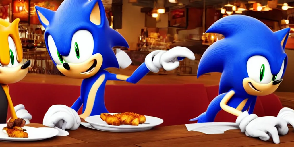 Prompt: A render of Sonic and Shadow sitting across from each other at a restaurant, Sonic looks like he is blushing, Shadow is looking away, they both have hamburgers in front of them on a plate, Blender3D, 3D, HDR, warm lighting.