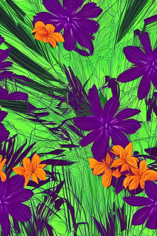 Image similar to dark moody vector illustration of tropical flowers and green reeds, multiple cohesive colors ranging from warms purples to bright oranges on a ((very dark background)), 4K resolution, trending on artstation, hd wallpaper