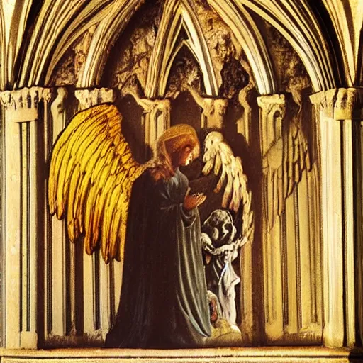 Prompt: angel protecting man who is praying inside a gothic church, dreams style