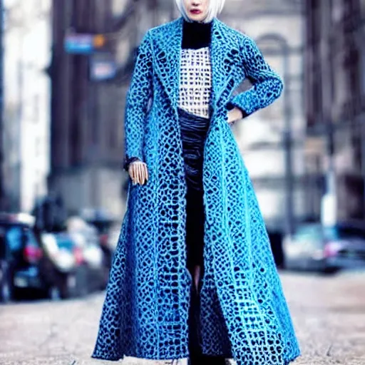 Image similar to fashion 2 0 5 0 fantastic openwork long coat with intricate pattern on a beautiful symmetrical girl with blue hair, hyper realistic photos