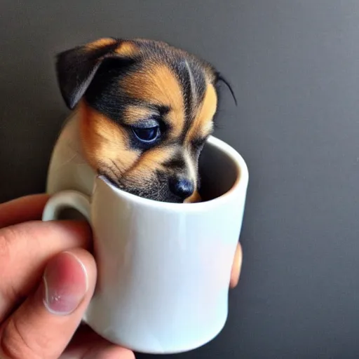 Image similar to extremely tiny puppy in a mug